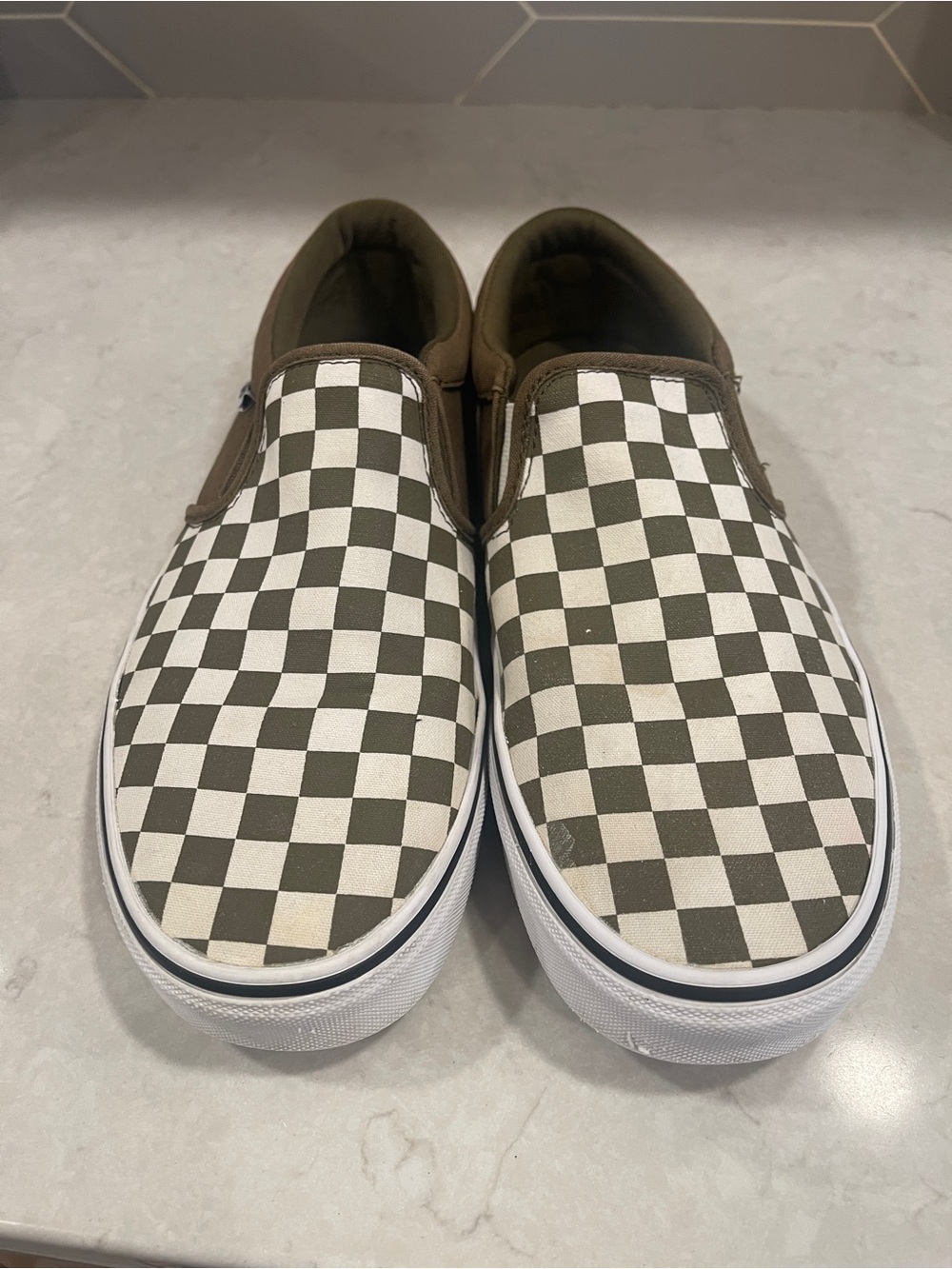 Vans Olive and White Checkerboard Slip-On Loafers